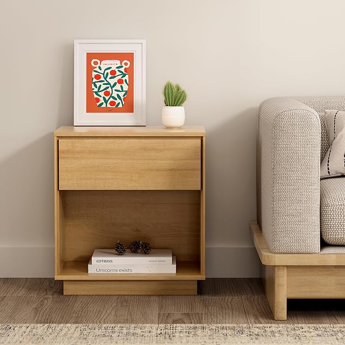 EYYTHUNG Modern End Side Table Set of 2, Wood Nightstand with Storage and Open Shelf, Farmhouse Boho Bedside Table Accent Night Stand for Bedroom, Natural Oak
