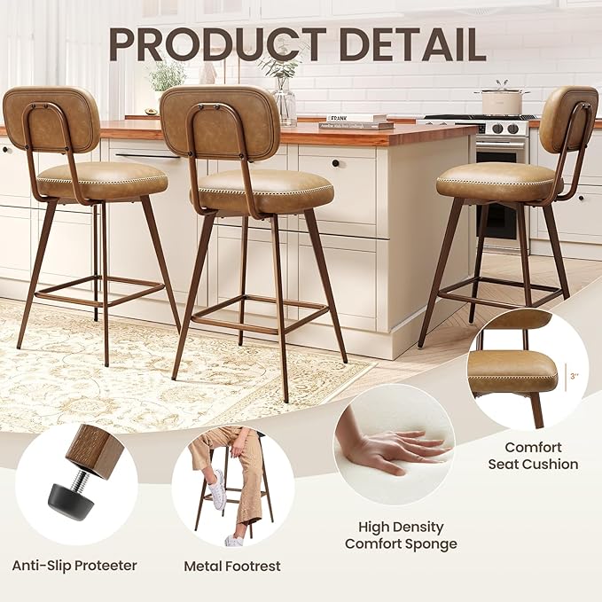 MALOL 26“ PU Leather Swivel Bar Stools Set of 2, Mid Century Counter Height Bar Chairs with Low Back and Metal Legs, Modern Bar Stool Chair for Kitchen Island, Brown