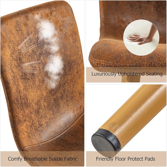 FurnitureR Set of 2 Dining Chairs, Suede Upholstered Side Chair with Mid Back, Soft Seat and Sturdy Metal Legs for Kitchen Dining Room, Brown