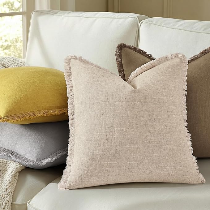 decorUhome Summer Decorative Neutral Linen Fringe Euro Sham Throw Pillow Covers Set of 2 Light Grey Pillow Covers with Tassels Soft Farmhouse Boho Accent Pillow Cases for Couch Bed Sofa 22x22 Inch
