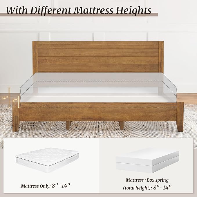 Cozyman King Bed Frame and Headboard, 100% Solid Acacia Wood Platform, 800lb Heavy Duty Support with 10 Reinforced Legs, Noise-Free No Box Spring Needed, Low-Profile Design, Dark Wood