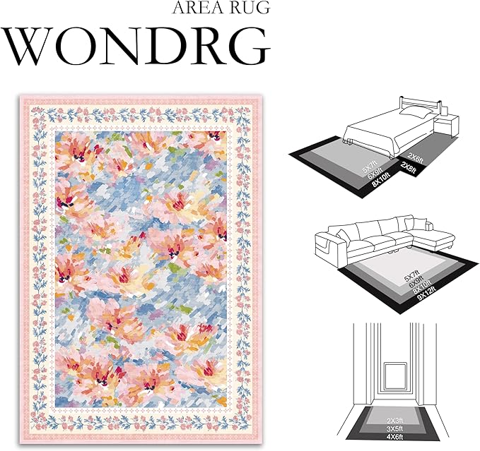 2x3 Washable Area Rug for Entryway Pink Blue Floral Abstract Soft Throw Rug Modern Non Slip Low Pile Small Carpet for Kitchen Bathroom Living Room Bedroom