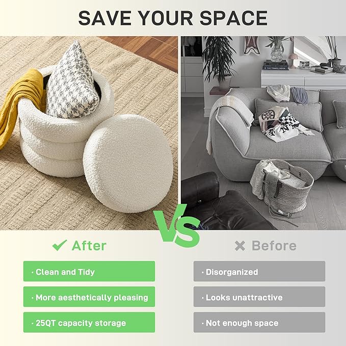 Krcix Round Ottoman with Storage Boucle Ottoman Stool with Storage Removable Lid for Living Room Modern Vanity Sorage Stool Foot Rest Bedroom Dorm Gifts Set of 2 (White)