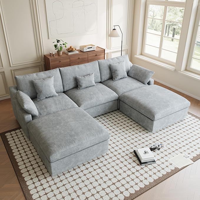 119" U Shape Cloud Modular Couches for Living Room, Modern Sectional Sofa with Chaise Ottomans, Deep Seat Couch Cushion Covers Washable&Removable, Sectional Sofas for Home Office Apartment (Grey)