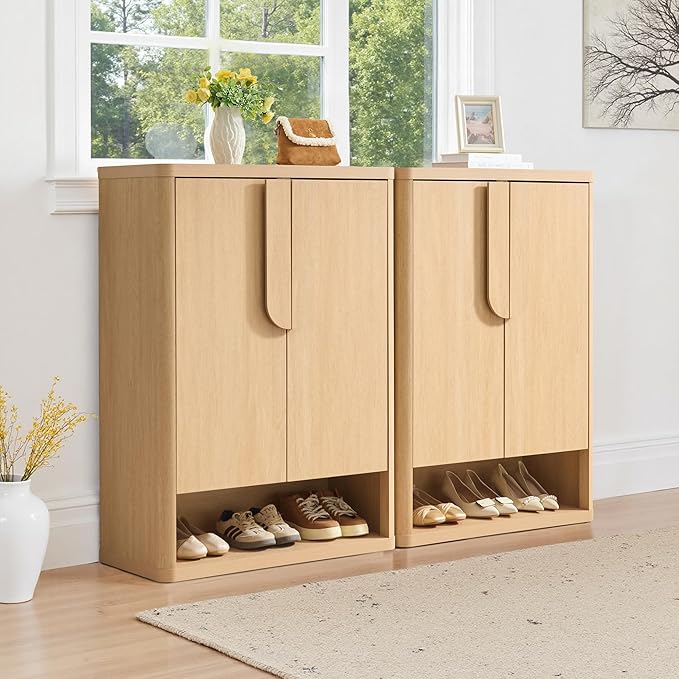 Shoe Cabinet 44" Tall Large Shoe Storage Organizer Modern Shoe Rack with Doors & 4 Shelves Minimalist Freestanding 5-Tier Shoe Storage Cabinet for Entryway Hallway Living Room, Natural, 1PC