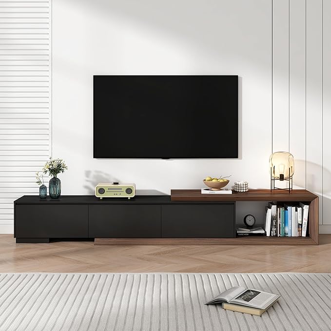chartustriable Extendable TV Stand with 3 Drawers, Modern Minimalist Entertainment Center, Reversible Long TV Media Console, Bevel Design, 82-107.3 Inch, Black & Walnut