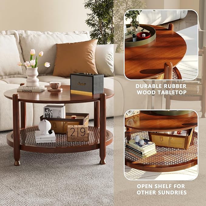 NSdirect 32" Round Coffee Table for Living Room, 2-Tier Rustic Wood Center Table for Home Decor with Boho Woven Rattan Storage Shelf | Modern Farmhouse Design, Easy Assembly, Red Brown