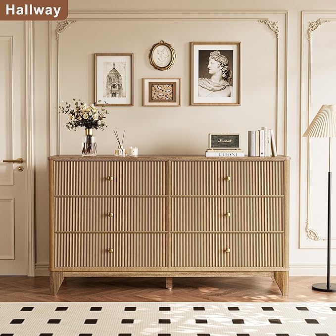 INNOD Fluted 6 Drawers Dresser, 54" Wide Modern Chest of Drawers with Round Corners, Wooden Dresser TV Stand, Wood Drawer Organizer for Bedroom, Living Room, Hallway