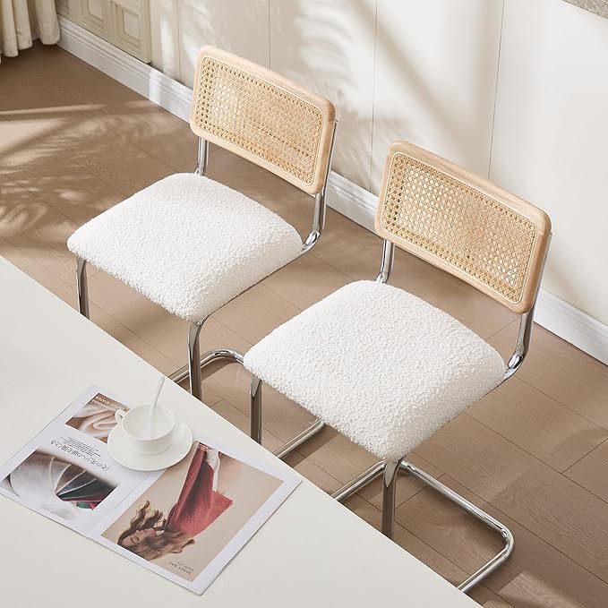 Zesthouse Rattan Bar Stools Set of 2, 30'' Upholstered Boucle Fabric Barstools with Wooden Back & Natural Cane Mesh, Mid Century Cantilevered Design High Chairs for Kitchen Bar with Chrome Base, White