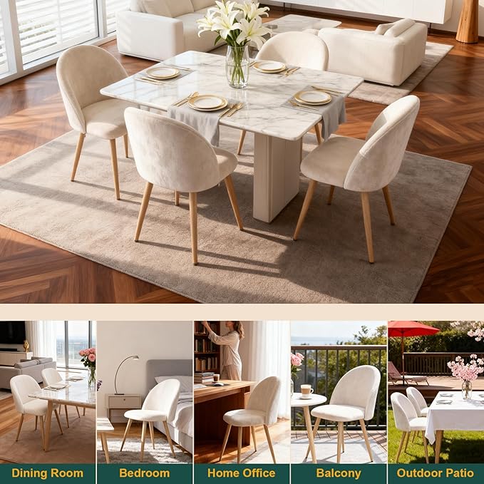 Dining Chairs Set of 2, Velvet Comfortable Seats, Mid-Century Modern Living Room Chairs, Upholstered Kitchen Chairs with Wooden Legs and Padded Seat for Bedroom Office Easy Assembly, Beige