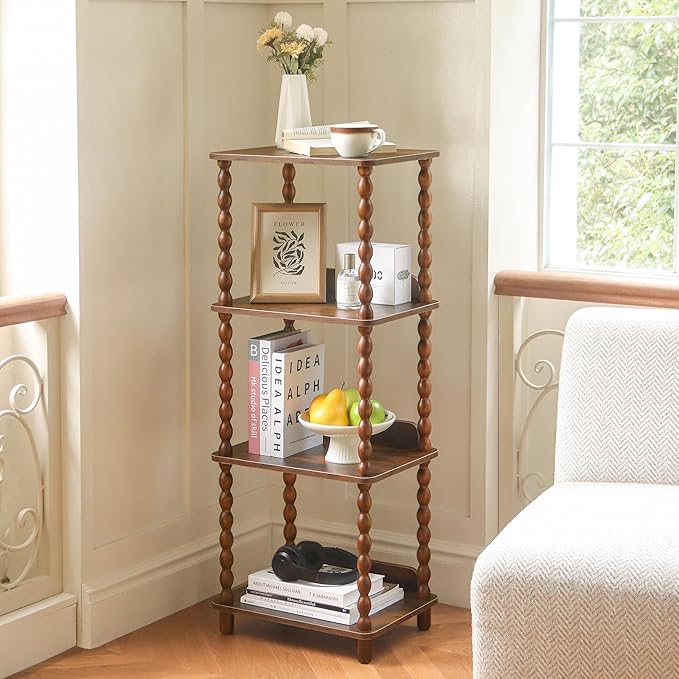 Fultyle Book Shelf, 4-Tier Bookshelf with Storage, Small Bookcase Display Shelves for Small Spaces, Bedroom, Living Room and Office with Solid Wood Legs (Rustic Brown)