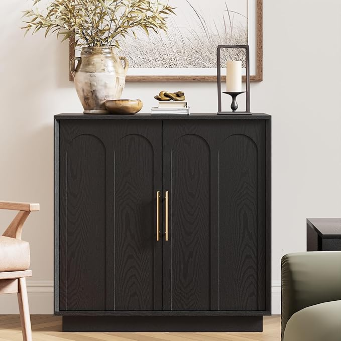 FORTUNETEC Sideboard Buffet Cabinet with Storage Set of 2, Mid Century Modern Accent Cabinet with Arched Doors, Modular Media Console, Credenza for Living Room Kitchen Dining Room Entryway, Black