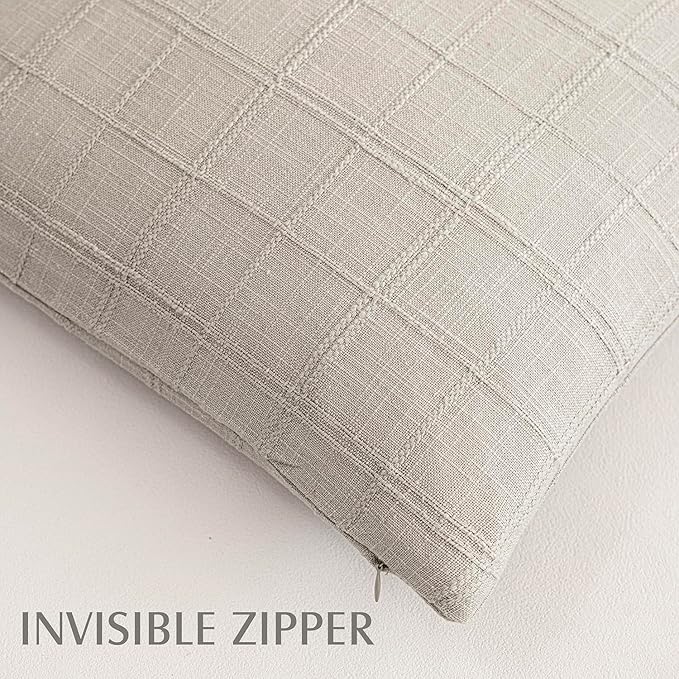 Foindtower Set of 2 Decorative Linen Check Throw Pillow Covers Neutral Farmhouse Vintage Cushion Covers Cozy Modern Coastal Boho Home Decor for Sofa Chair Couch Bed Living Room,14×36 Inch,Light Grey