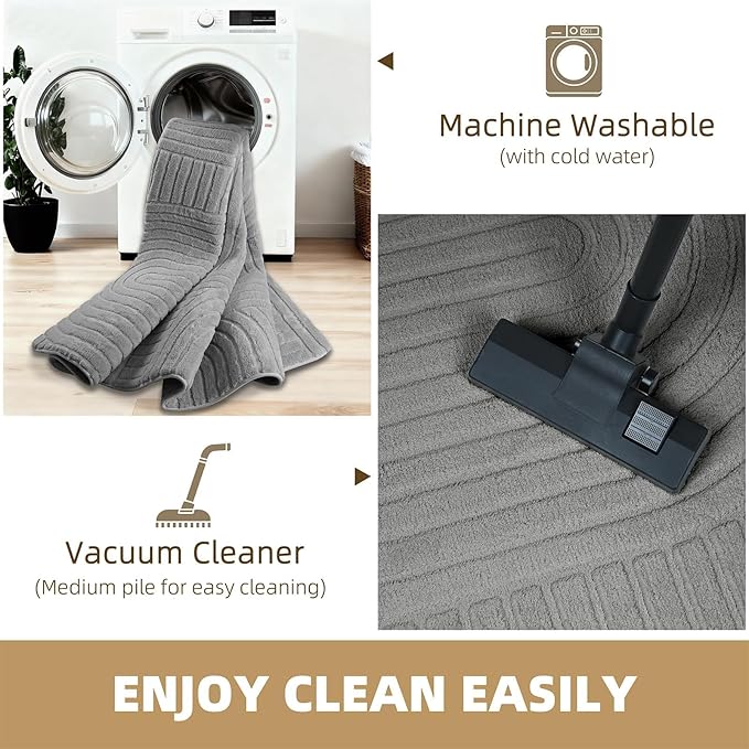 Gray 8x10 Modern Geometric Area Rug – Washable Living Room Rug, Minimalist Linear Carpet with Soft High-Low Pile, Fluffy Floor Rugs for Bedroom, Kids Room, Nursery, Home Décor, Grey