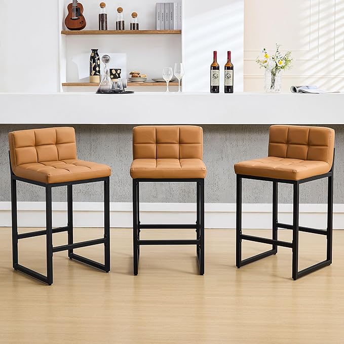 FIRAVOE Bar Stools Set of 3, Upholstered PU Leather Counter Height Barstools with Low Back and Thickened Metal Legs, Modern Island Chairs for Kitchen Island (Caramel Brown, 3Pcs 26" Counter Stools)