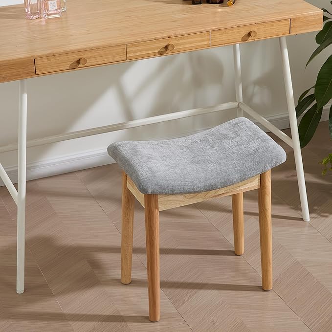 Royal Windsor Vanity Stool with Saddle Cushion, 18 Inch Makeup Vanity Chair for Living Room, Modern Foot Stool Ottoman Piano Bench,Small Upholstered Bench for Bedroom, Grey