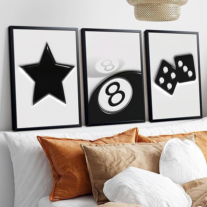 Black And White Wall Art Set of 3, Vintage Y2k Dice 8 Ball Canvas Prints Painting, Funky Lucky Preppy Posters Pictures For Game Room Apartment Dorm Teenager Room Wall Decor 12x16 Inch Framed