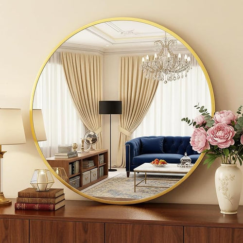 Antok 36 Inch Round Mirror for Wall, Round Bathroom Mirror, Circle Wall Mirrors with Gold Metal Frame, Circle Mirrors Suitable for Wall, Bathroom, Vanity, Living Room, Entryway