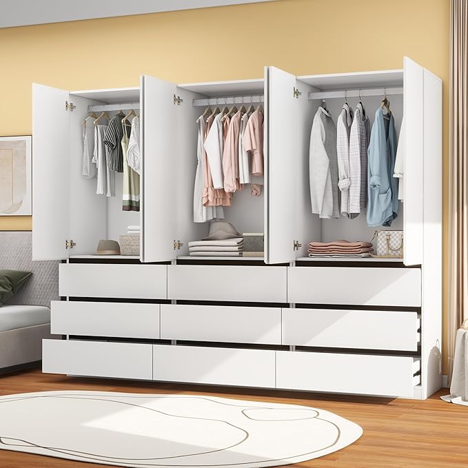 Bedroom Armoire Wardrobe Closet with 9 Drawers: White Wardrobe Closet with 6 Doors, Modern Cabinet for Clothes with Shelves, Wooden Armoire for Hanging Clothes (Modern, 3)