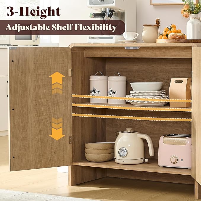 AMERLIFE 2-Piece Fluted Buffet Cabinet with Storage, Modern Sideboard Cabinet with Doors & Adjustable Shelf, Console Table & Credenza for Living Room, Kitchen & Entryway, Natural Oak
