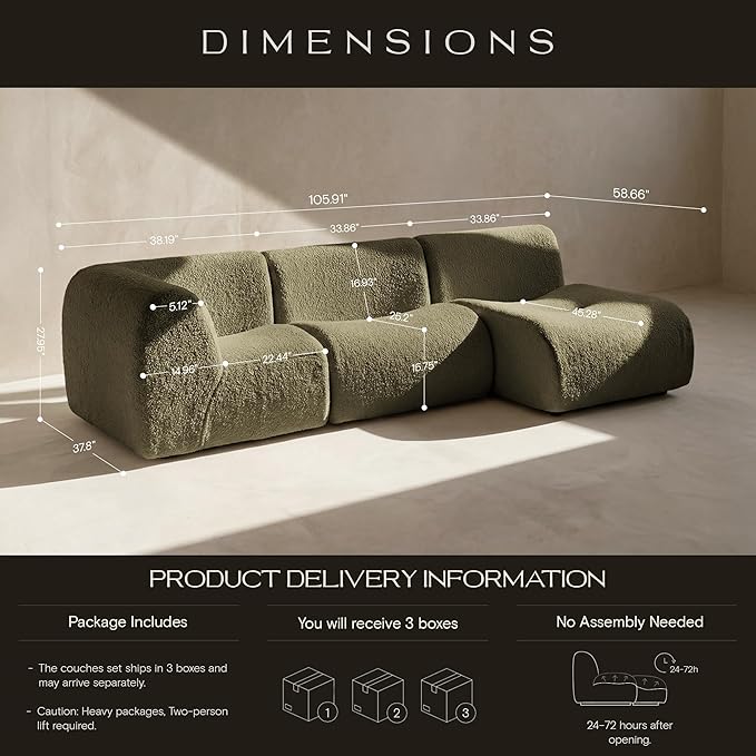 105" Curved Sectional Sofa with Chaise, Boneless 3 Seater Modular Couch, Reversible L-Shaped Couches with High-Density Foam, Modern Lounge Comfort Sherpa Sofas for Living Room – No Assembly, Green