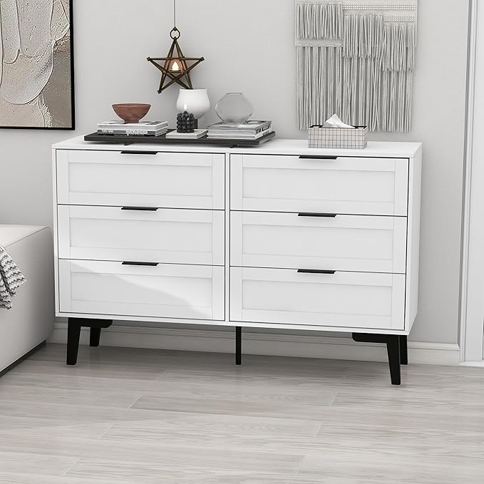 TaoHFE 6 Drawer Dresser for Bedroom Modern White Chest of Drawers for Nursery Wood Dresser for Kids Horizontal Dressers & Chests of Drawers for Bedroom Living Room