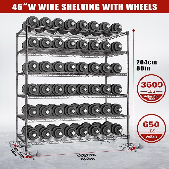 AIRAJ 46”W Storage Shelves with Wheels | 6 Tier Wire Shelving Heavy Duty | 3600 LBS Metal Shelving | Garage Shelving units and Storage | Wire Rack Adjustable Layer Height | 46”W×18”D×80”H | Indoor/Out