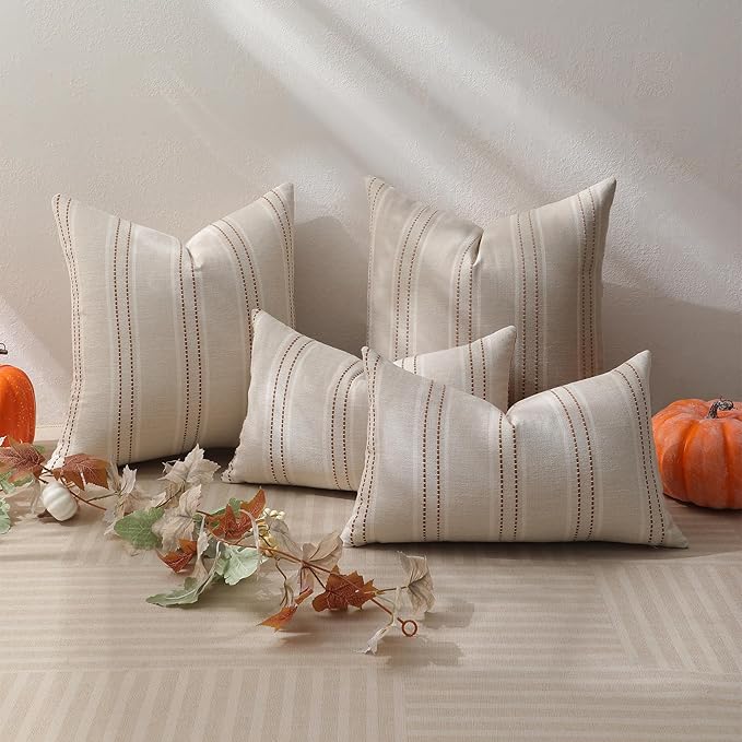 Hckot Rust Throw Pillow Covers 20x20 Set of 2 Striped Fall Pillow Covers Textured Linen Decorative Pillows Square Cushion Covers for Sofa Couch Bed Living Room Farmhouse Decor(Caramel)