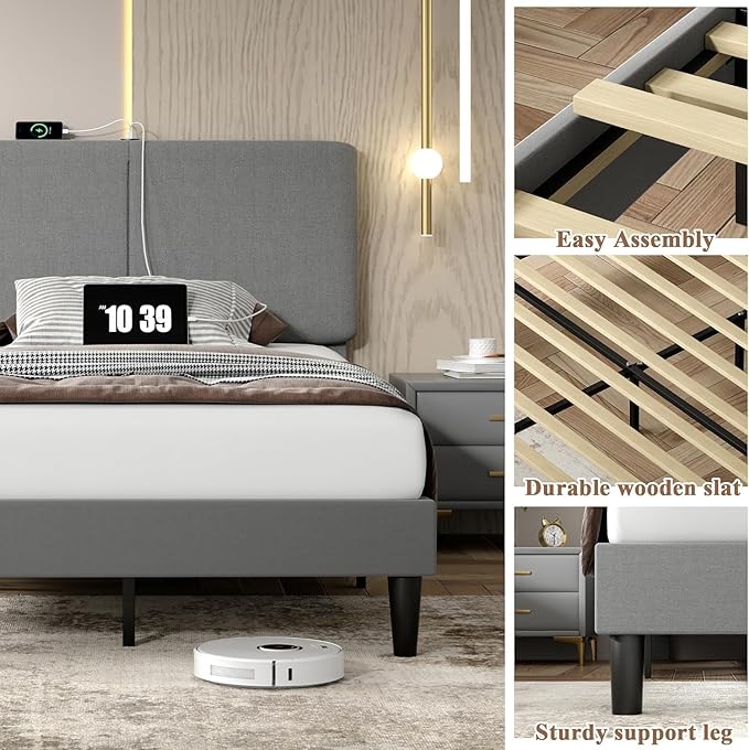 VECELO Full Size Bed Frame with Charging Station, Type-C & USB Ports, Upholstered Platform Design, No Box Spring Needed, Noise Free, Easy Assembly, Dark Grey