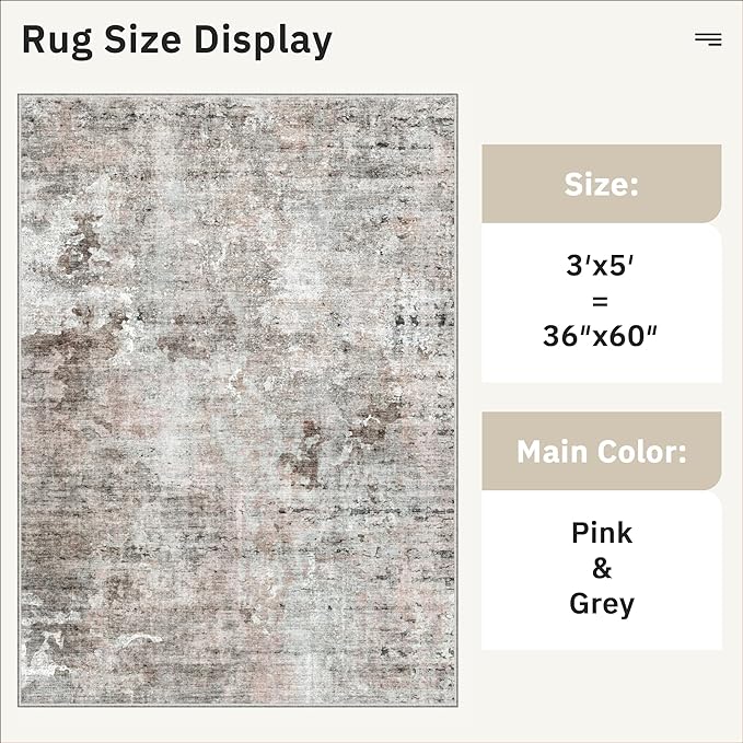 Soalmost 3x5 Rug, Abstract Small Area Rug for Kitchen, Entryway, Machine Washable Non-Slip Throw Rug, Vintage Carpet for Nursery Coffee Table Pink Grey