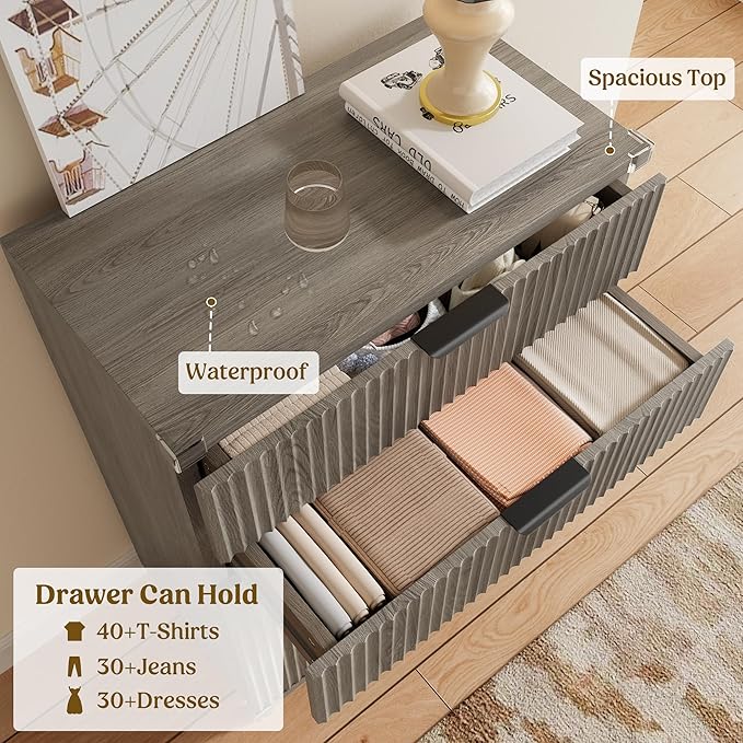 Lulive Dresser for Bedroom Wood Tall Dressers Drawers, Fluted Modern Dresser 5 Drawers (Dark Grey Oak)