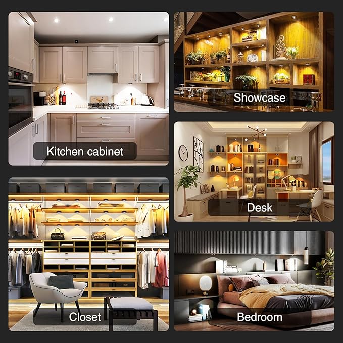 Puck Lights with Remote Control Rechargeable,Wireless Under Cabinet Lighting,2000mAh Battery Operated Tap Push Touch Lights,Stick On Lights for Counter,Shelf,Bookcase (Wood Color, 5 Pcs)