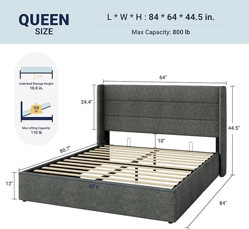 Allewie Queen Size Lift Up Storage Bed, Modern Wingback Headboard, Hydraulic Support, No Box Spring Needed, Dark Grey