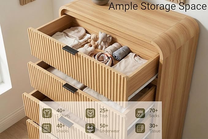 FURSUN Fluted 5 Drawers Dresser for Bedroom, 48" Tall Wooden Modern Dresser with Metal Handle, Curved Profile Design, Storage Organizer for Bedroom, Living Room, Hallway, Natural Oak