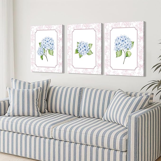Blue Hydrangea Wall Art Set of 3, Preppy Blue Hydrangea Canvas Prints Poster Picture, Floral Aesthetic Wall Decor for Teen Girls Bedroom Dorm Apartment 16x24 Inch Framed