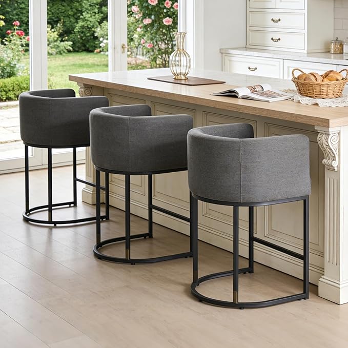 ClinQ 26" H Counter Height Bar Stools Set of 2, Modern Barrel Counter Stools with Backrest and Arms, Black Metal Frames, Linen Fabric Upholstered Accent Barstools for Kitchen Island, Carbon Gray