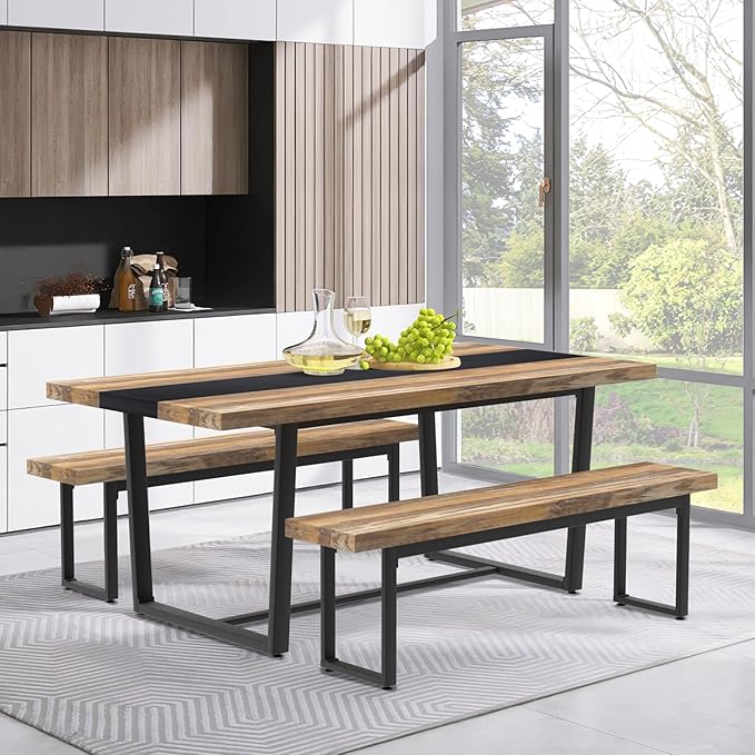 STHOUYN 59” Dining Bench Pair of 2 for 6-8 Person, Farmhouse Indoor Kitchen Table Benches, Bed Bench, Industrial Shoe Bench (Brown 2pcs)