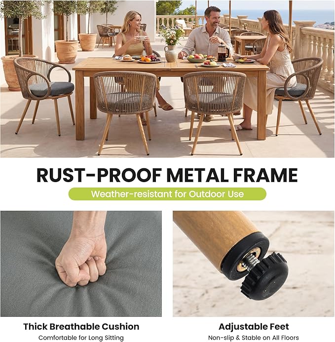 Modern Outdoor Dining Chair Set of 4 with Cushion, Scandinavian Rope Woven Patio Armchairs, Wood-Look Metal Frame, Weather-Resistant Balcony Backyard Dining Seating, Brown