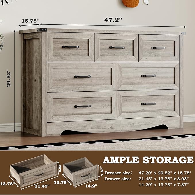 BORNOON 7-Drawer Dresser for Bedroom, Modern Wooden Chest of Drawers with Metal Handles, Anti-Tipping Design, Sturdy and Stable Storage Organizer for Living Room, Entryway, Home Office