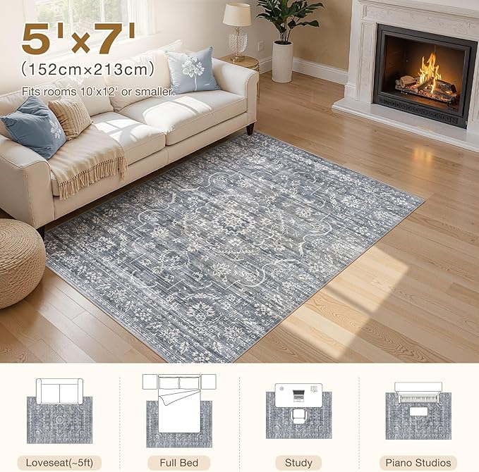 5x7 Area Rug Living Room: Washable Large Vintage Grey Rug Neutral Non-Slip Soft Stain Resistant Indoor Carpet for Bedroom Nursery Dining Room Under Table Bed Home House Office Playroom - Retro Blue