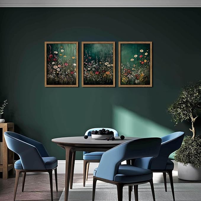 Vintage Wildflower Wall Art Set of 3, Moody Dark Green Flower Botanical Wall Decor Paintings,Nature Floral Farmhouse Landscape Posters Prints Pictures for Living Room Bedroom 12x16 Inch Wood Framed