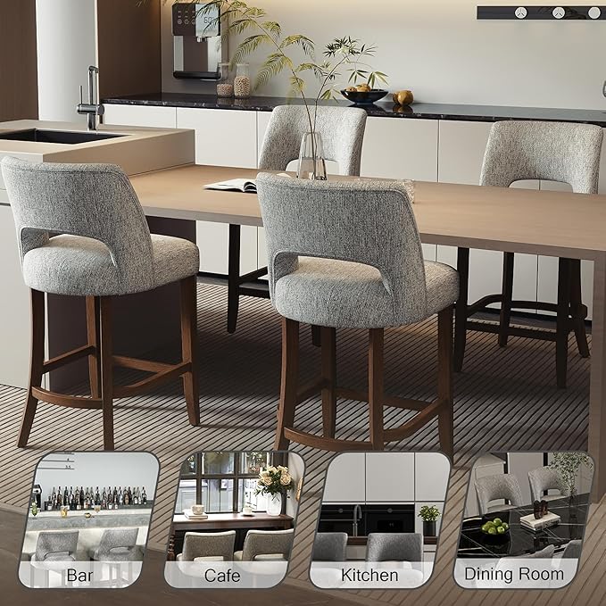 VKNOW Bar Stools Set of 2, 26" Upholstered Counter Height Bar Stools,Modern Counter Stools with Wood Legs for Kitchen Island Dining Room Bar,Grey