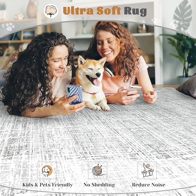 8x10 Area Rugs Washable Rug, Abstract Living Room Rug Large Neutral Modern Area Rug Soft Non Slip Low Pile Stain Resistant Indoor Carpet for Bedroom Nursery Kids Dining Room Office(Grey, 8'x10')