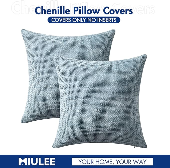 MIULEE Pack of 2 Coastal Blue Lumbar Throw Pillow Covers 20x12 Inch Summer Modern Boho Accent Decorative Pillow Covers Soft Chenille Farmhouse Cushion Covers for Home Couch Decor Bed Sofa Living Room