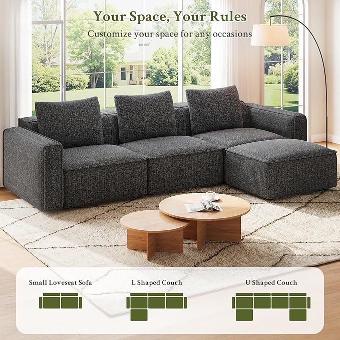 Welzona 103" Sectional Couch, Locked-in Modular Sectional Sofa, Wood Frame Couches for Living Room, 22" Deep Seat L Shaped Couch with Ottoman Chenille Cloud Sofa Tool-Free Setup Sofas for Living Room
