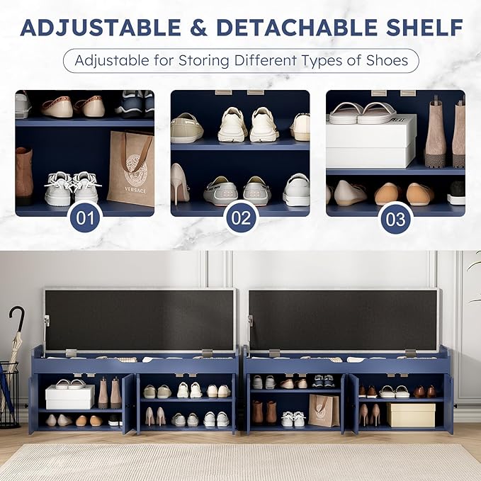 47.2" Storage Bench - Entryway Shoe Bench with 4 Doors and Top Storage Area, Multifunctional Entryway Bench with Lift Top Cushion, Shoe Storage Bench for Bedroom, Living Room, Blue