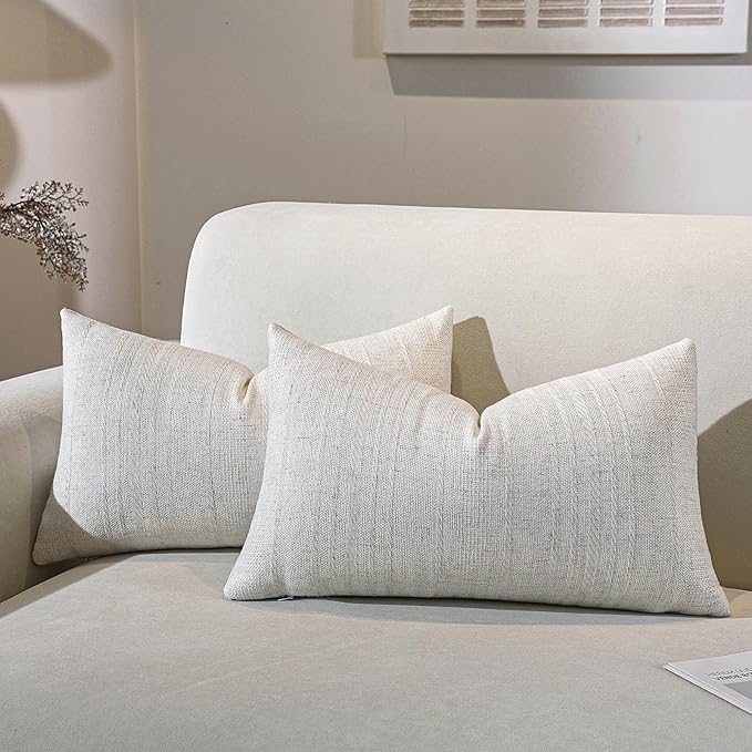 Decorative Neutral Striped Lumbar Throw Pillow Covers Set of 2-20x12 Inch Boho Farmhouse Pillow Covers, Breathable & Soft Neutral Linen Blend Cushion Covers for Couch Sofa Bedroom Living Room