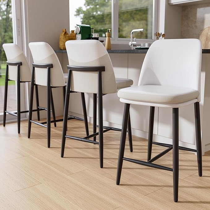 GXJ Bar Stools Set of 2, Upholstered Counter Height Bar Stools, 26 Inch Modern Counter Stools with Back, Textured Leather&Fabric, Metal Legs,Barstools for Kitchen Island Dining Room, White