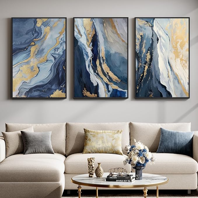 Large Framed Blue and Gold Abstract Wall Art for Living Room, 3 Piece Modern Canvas Prints Paintings Artwork for Walls, Luxury Marble Abstract Pictures for Bedroom Dining Office Wall Decor 24x36 In