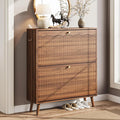 Nicetree Mid-Century Modern Slim Shoe Cabinet for Entryway, 9.5" Narrow Shoe Storage Cabinet with Architectural Arched Fluted Front, Entryway Shoe Storage with Adjustable Shelves,Classic Walnut